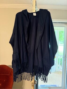 Night Way Collections Navy Hooded Fringe Open-Front Poncho Sweater